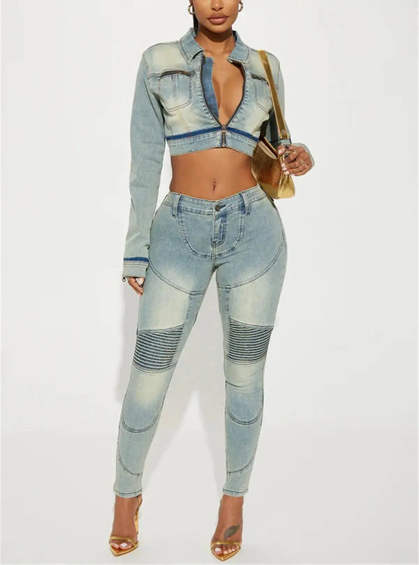 Women Denim Outfit Fashion Full Sleeve Zipper Cropped Jacket + Skinny Jeans Pants Two Piece Set Fall Winter Streetwear Trackuits FZwear