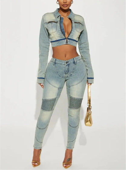 Women Denim Outfit Fashion Full Sleeve Zipper Cropped Jacket + Skinny Jeans Pants Two Piece Set Fall Winter Streetwear Trackuits FZwear