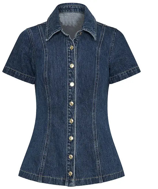 Women Denim Short Sleeve Button High Waist Skirt Sets YooYoung