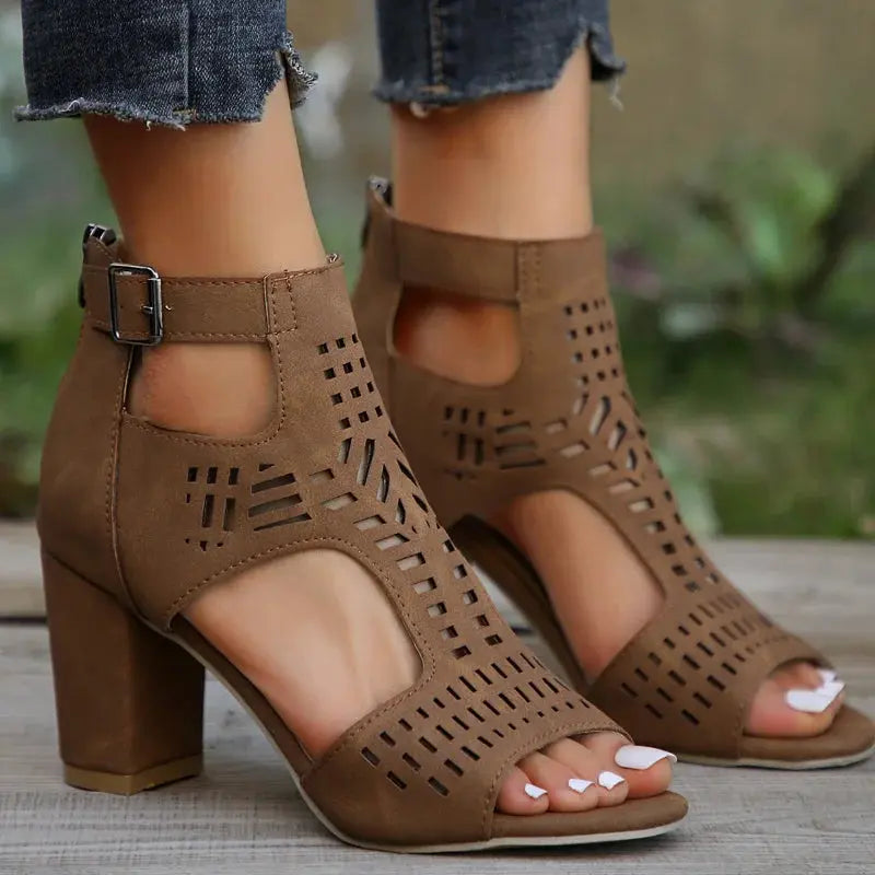 Women Fashion Strap Sexy High Heel Sandals Woman Roman Hollow Pumps Lace-up Peep Toe Sandals Casual Chunky High-heeled Sandals FZwear