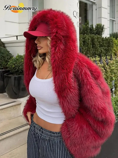 Women Fashion Turn-down Collar Winter Warm Jacket 2025 Christmas Red Hooded Fluffy Faux Fur Coats Casual High Street Outerwear FZwear