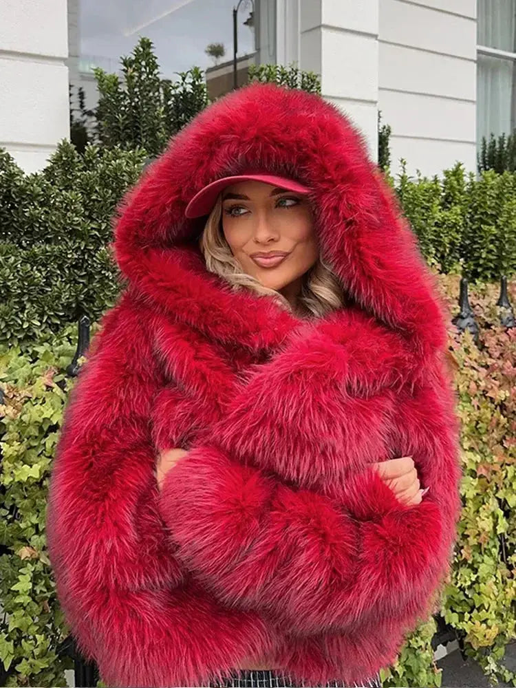 Women Fashion Turn-down Collar Winter Warm Jacket 2025 Christmas Red Hooded Fluffy Faux Fur Coats Casual High Street Outerwear FZwear