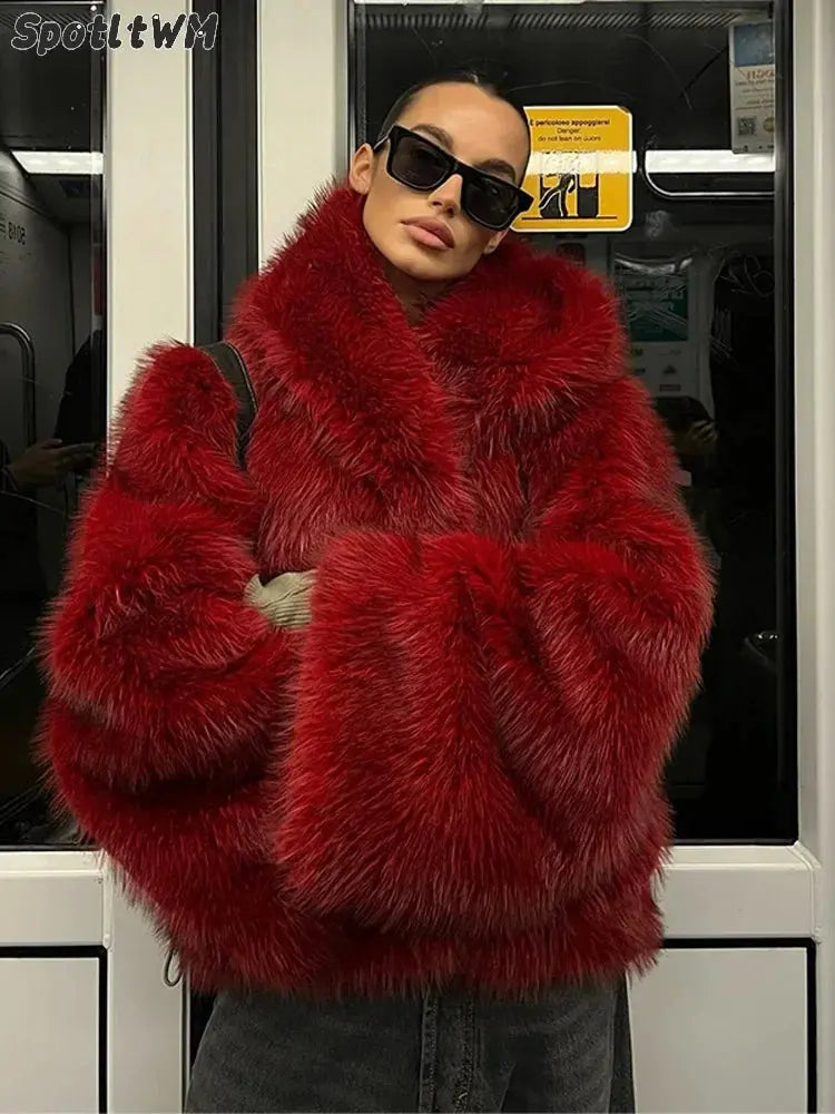 Women Fashion Turn-down Collar Winter Warm Jacket 2025 Christmas Red Hooded Fluffy Faux Fur Coats Casual High Street Outerwear FZwear