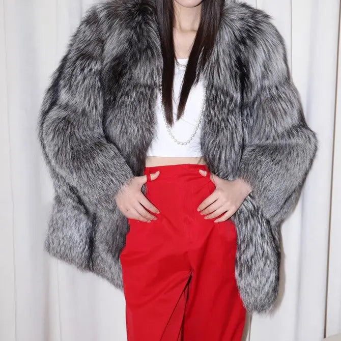 Women Fur Coat Autumn Winter Silver Fox Fur Mid Length Thickening Coat Warm Casual Trench Coat Zimo