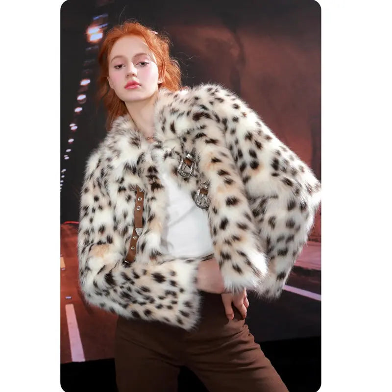 Women Fur Jacket Faux Fur Coat Collared Warm Wool Coat Casual Leopard Print Short Clothing Zimo