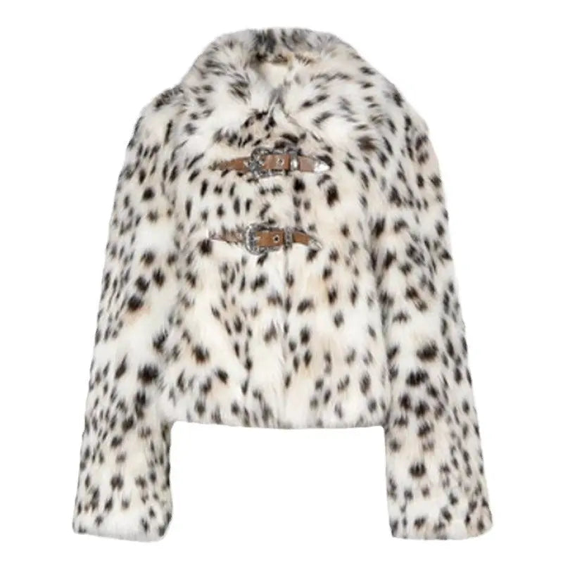 Women Fur Jacket Faux Fur Coat Collared Warm Wool Coat Casual Leopard Print Short Clothing Zimo
