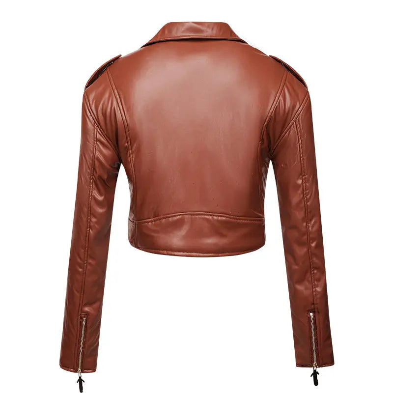 Women Leather Jacket Slim Fit Short Cotton High Waist Long Sleeve Collared Oblique Zipper Leather Jacket Faux Leather Women Motorcycle Clothing CityStar