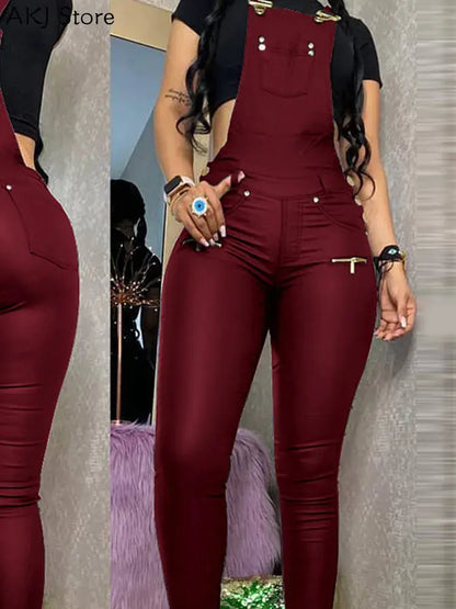 Women One Piece Outfits PU Jumpsuits Buckled Zipper Design Suspender Jumpsuit FZwear