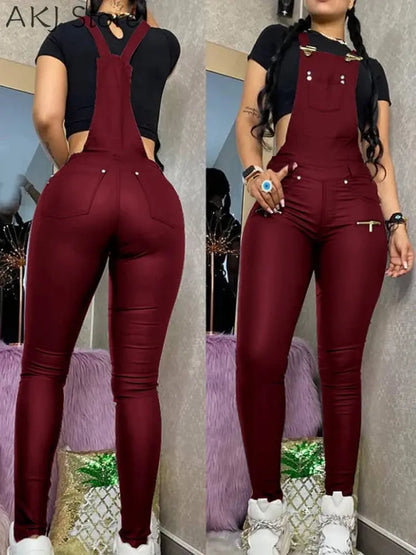 Women One Piece Outfits PU Jumpsuits Buckled Zipper Design Suspender Jumpsuit FZwear