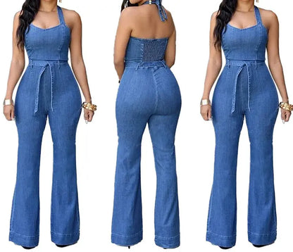 Women One Piece Solid Denim Jumpsuits Sleeveless V Neck Rompers Wide Leg Long Pants Overalls Sexy Slim Fit Hight Waist 2024 FZwear