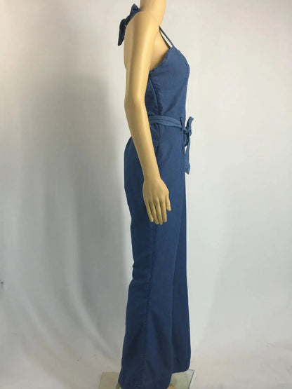 Women One Piece Solid Denim Jumpsuits Sleeveless V Neck Rompers Wide Leg Long Pants Overalls Sexy Slim Fit Hight Waist 2024 FZwear