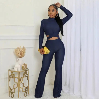 Women Slim Stretch Two 2 Piece Set Turtleneck Long Sleeve Zipper Back Bandage Crop Tops + High Waist Flare Pants Streetwear Suit FZwear