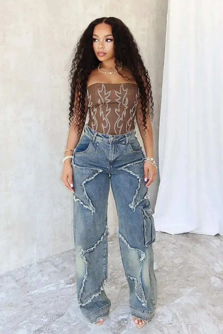 Women Tassel Pentagram Pockets Cargo Jeans Y2K Streetwear Wide Leg Straight Trousers Trend Denim Pants Ladies Fashion Bottoms FZwear