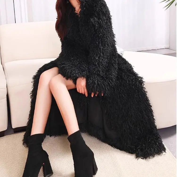 Women Toka Roll Wool Fur Coat Lamb Wool Coat Lace up Casual Warm Winter Extended Plush Coat Zimo