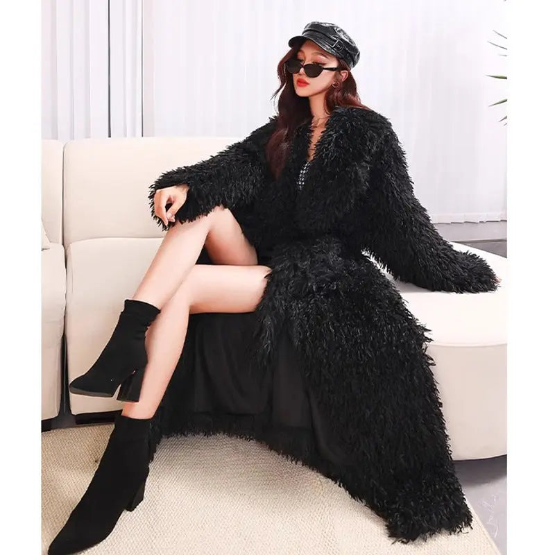 Women Toka Roll Wool Fur Coat Lamb Wool Coat Lace up Casual Warm Winter Extended Plush Coat Zimo