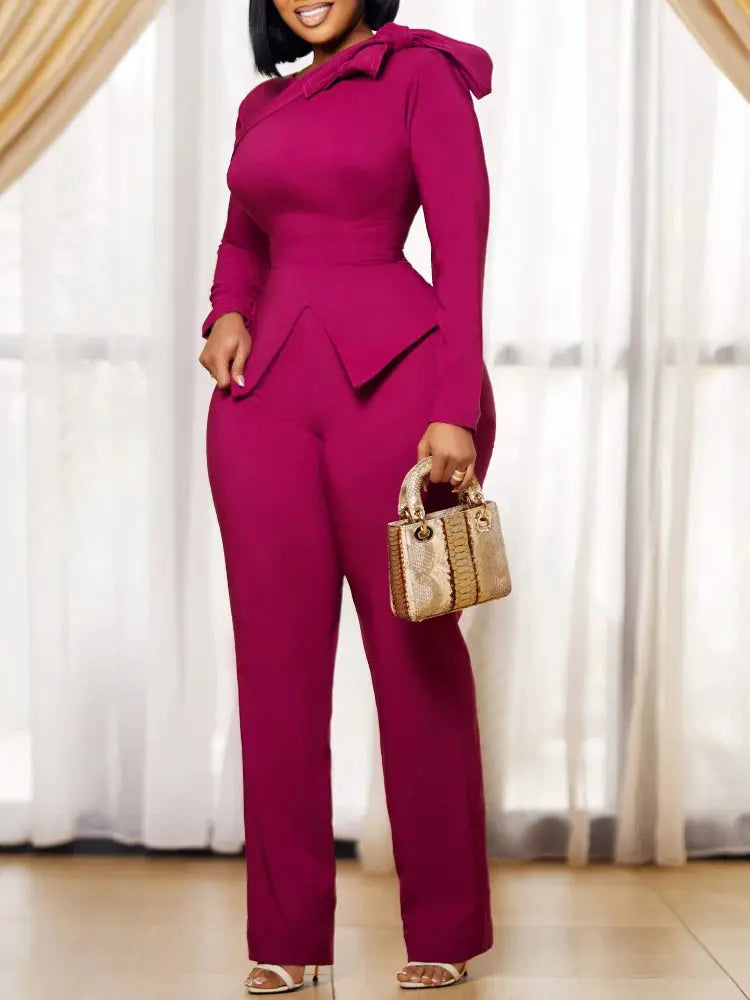 Women Two Pieces Set Butterfly Knot Slim Fit Slit Fashionable Cut Top and High Waisted Pants Set Autumn Winter Office Ladies New FZwear