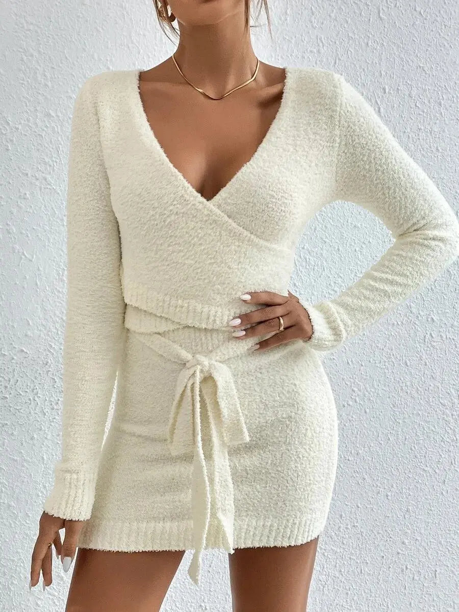 Women Wear Suit Knitted Solid Color Top Sweater Dress Two Piece Set for Women Japear