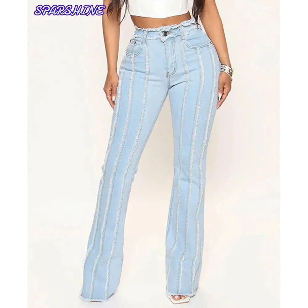 Women's 2024 European and American Edge Elastic Jeans Large size washed fringed women's jeans casual Denim trousers streetwear FZwear