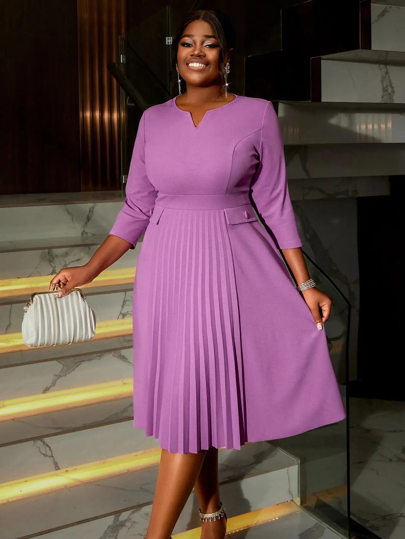 Women's Fashionable Solid Color V-neck Casual Comfortable Long Sleeved A-line Dress Elegant Office Commuting OL Women's Clothing FZwear