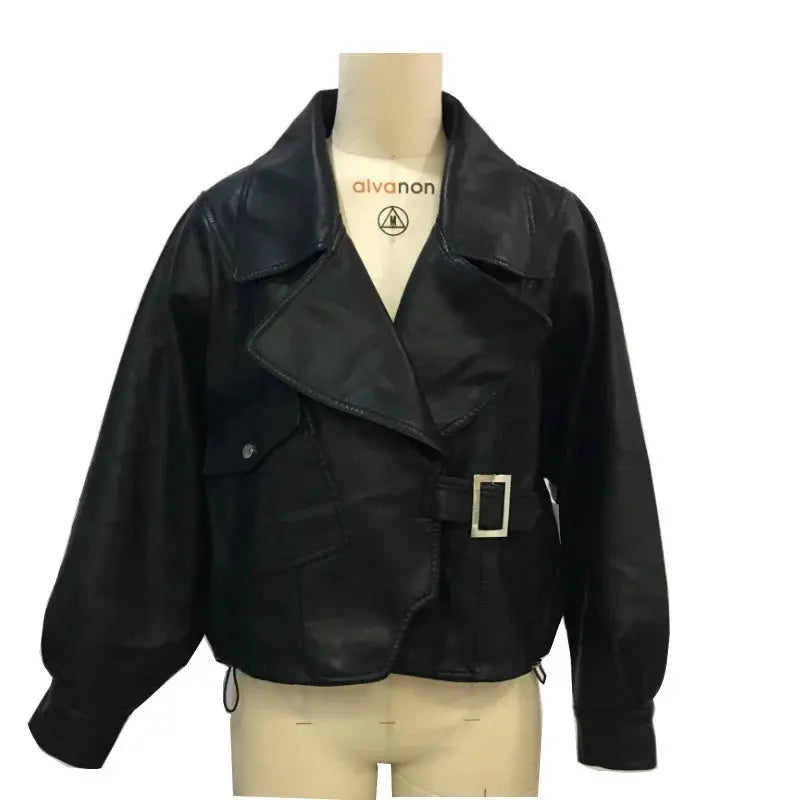 Women's Jacket Fashionable PU Lapel Black Short Leather Jacket For Women, Loose Fitting Long Sleeved Women's Leather Jacket FZwear