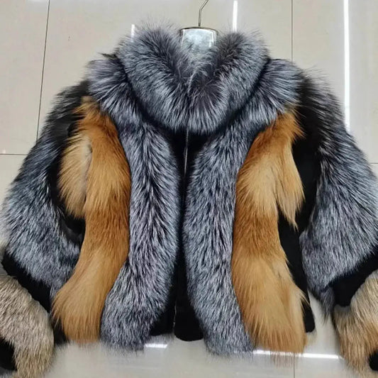 Women's Real Red Fox Fur Jacket With Silver Fox Collar Coat Thick Warm and Fashionable in Winter 23A0616 FZwear