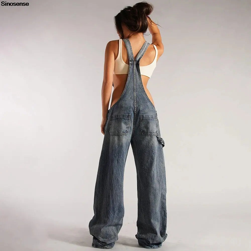 Womens Denim Bib Jumpsuits Casual Sleeveless V Neck Adjustable Straps Loose Baggy Cargo Jean Overalls Y2K Jumpers With Pockets FZwear