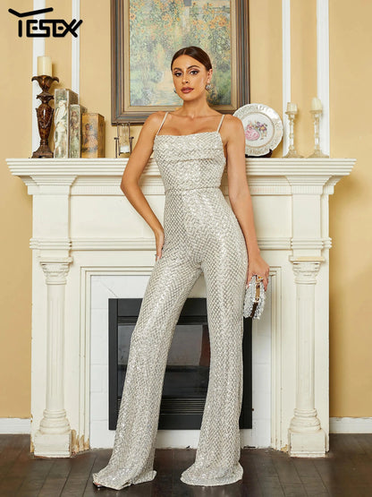 Yesexy 2024 New Apricot Spaghetti Slim Fashionable Elegant Sequins Backless Formal Occasion Jumpsuit FZwear