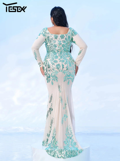 Yesexy New Plus Size Green Long Sleeves Sequin Mermaid Evening Gown Graduation Wedding Birthday Party Formal Occasion Dresses FZwear