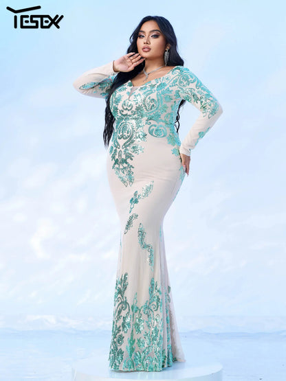 Yesexy New Plus Size Green Long Sleeves Sequin Mermaid Evening Gown Graduation Wedding Birthday Party Formal Occasion Dresses FZwear