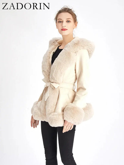 ZADORIN Winter Coat Women 2024 Furry Hood Suede Black Faux Fur Coat With Belt Thick Warm Fur Cardigan Faux Fur Jackets for Women FZwear