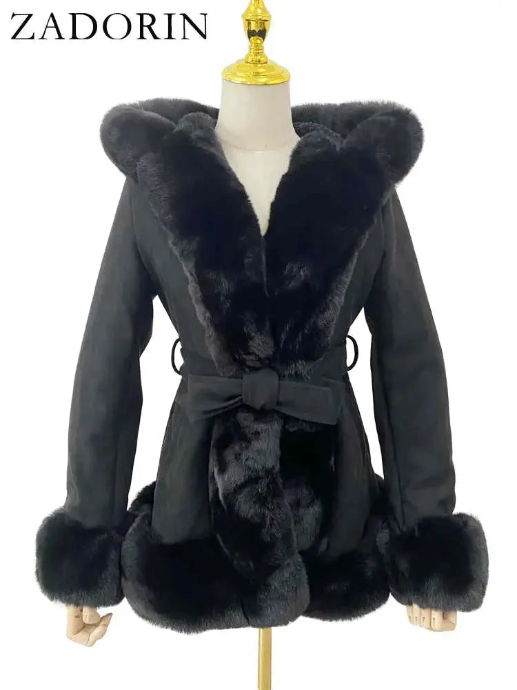 ZADORIN Winter Coat Women 2024 Furry Hood Suede Black Faux Fur Coat With Belt Thick Warm Fur Cardigan Faux Fur Jackets for Women FZwear