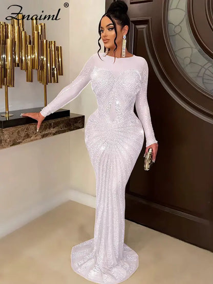 Znaiml 2023 Luxury Sparkly Women Crystal Rhinestone Mermaid Evening Dresses Female Elegant Birthday Party Gown Mesh Maxi Dress FZwear