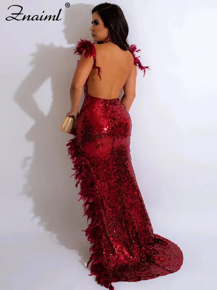 Znaiml Elegant Party Guest Backless Side High Split Long Dress Women Sexy Sequins Feathers Mermaid Evening Dresses Red Vestidos FZwear