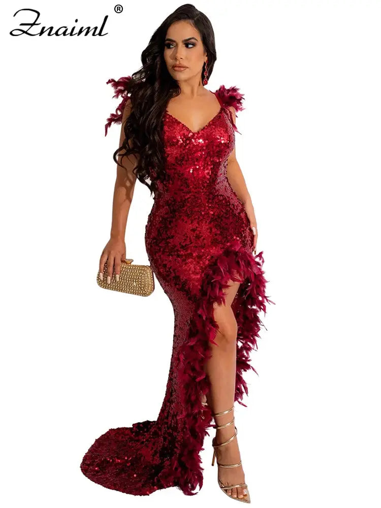 Znaiml Elegant Party Guest Backless Side High Split Long Dress Women Sexy Sequins Feathers Mermaid Evening Dresses Red Vestidos FZwear