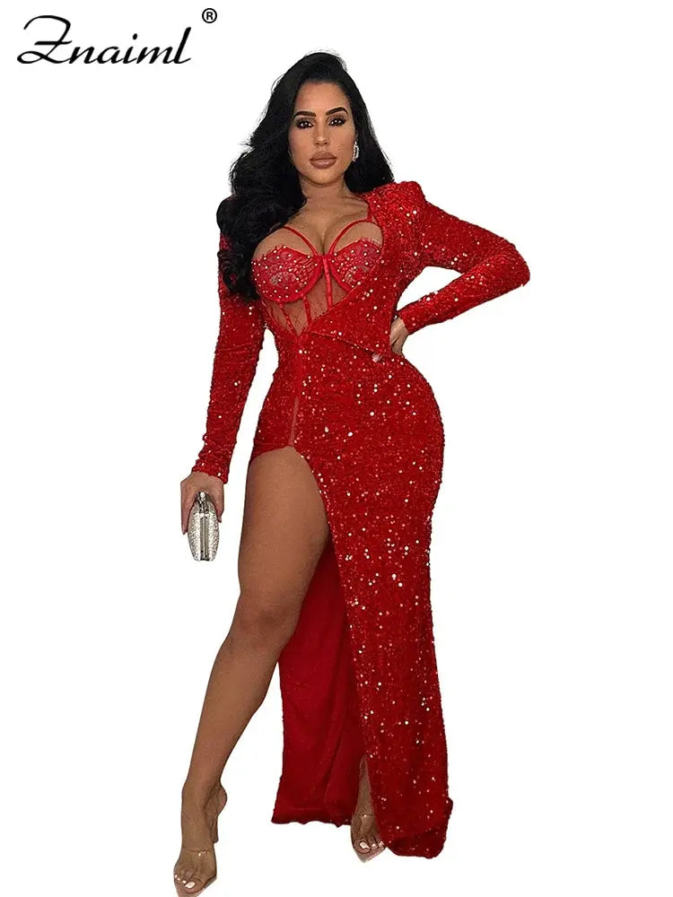 Znaiml Women's Luxury Celebrity Christmas Night Party Long Dresses Sexy Lace High Split Sequins Prom Evening Birthday Vestidos FZwear