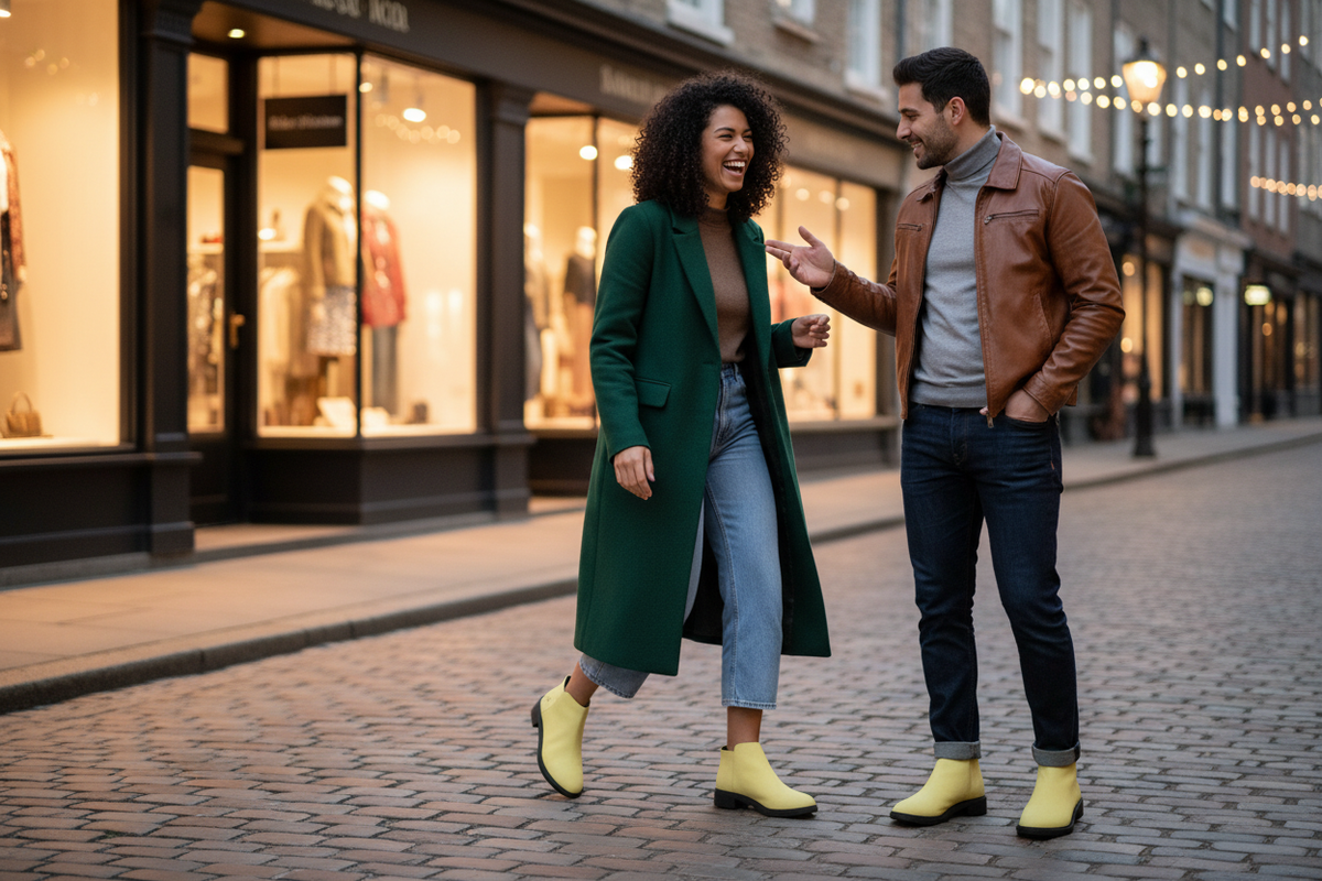 A woman and a man window-shopping at dusk wearing pale yellow slip-on ankle boots