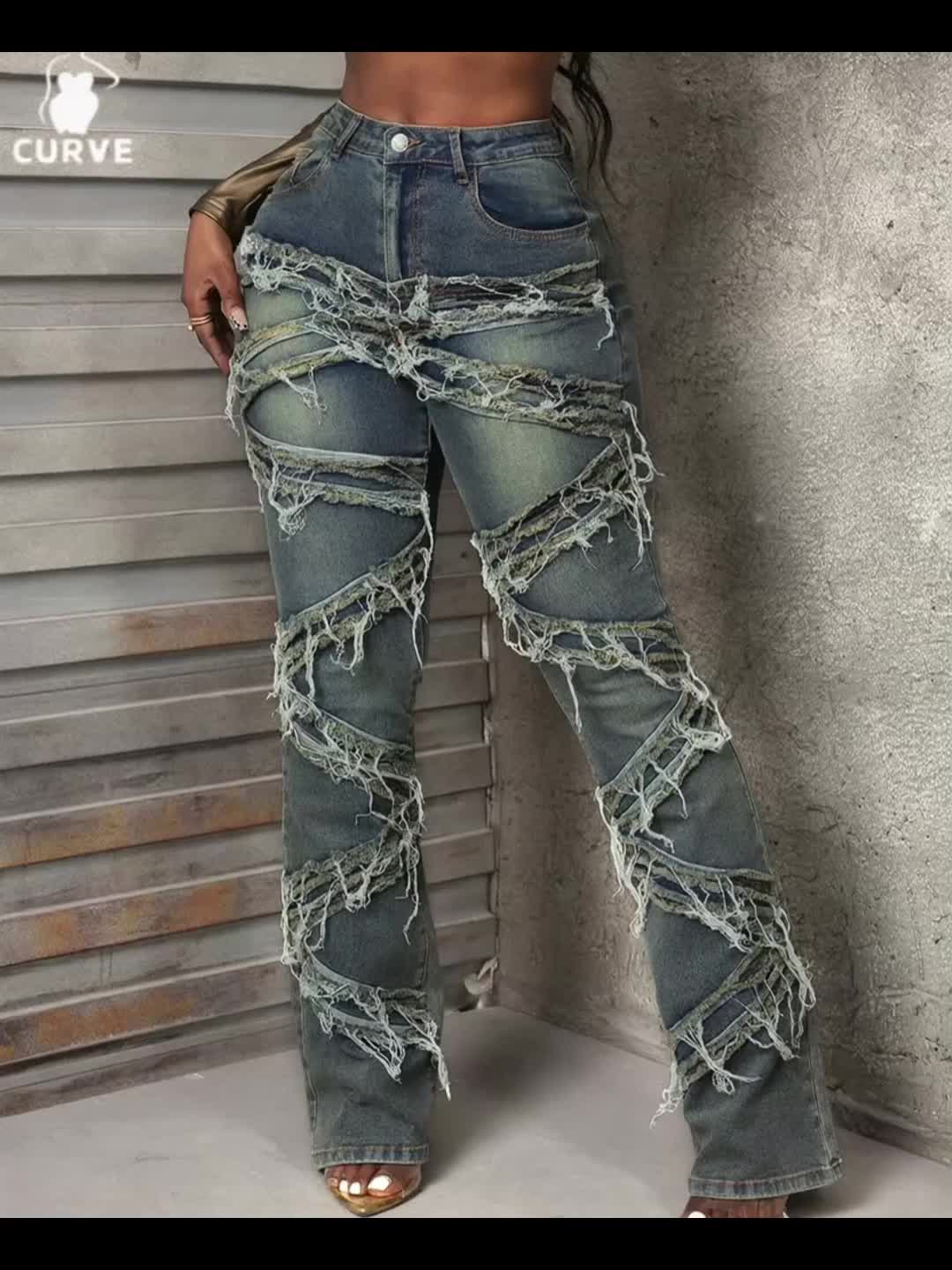 FZ Women's Plus Size High - Waisted Distressed Flared Denim Pants