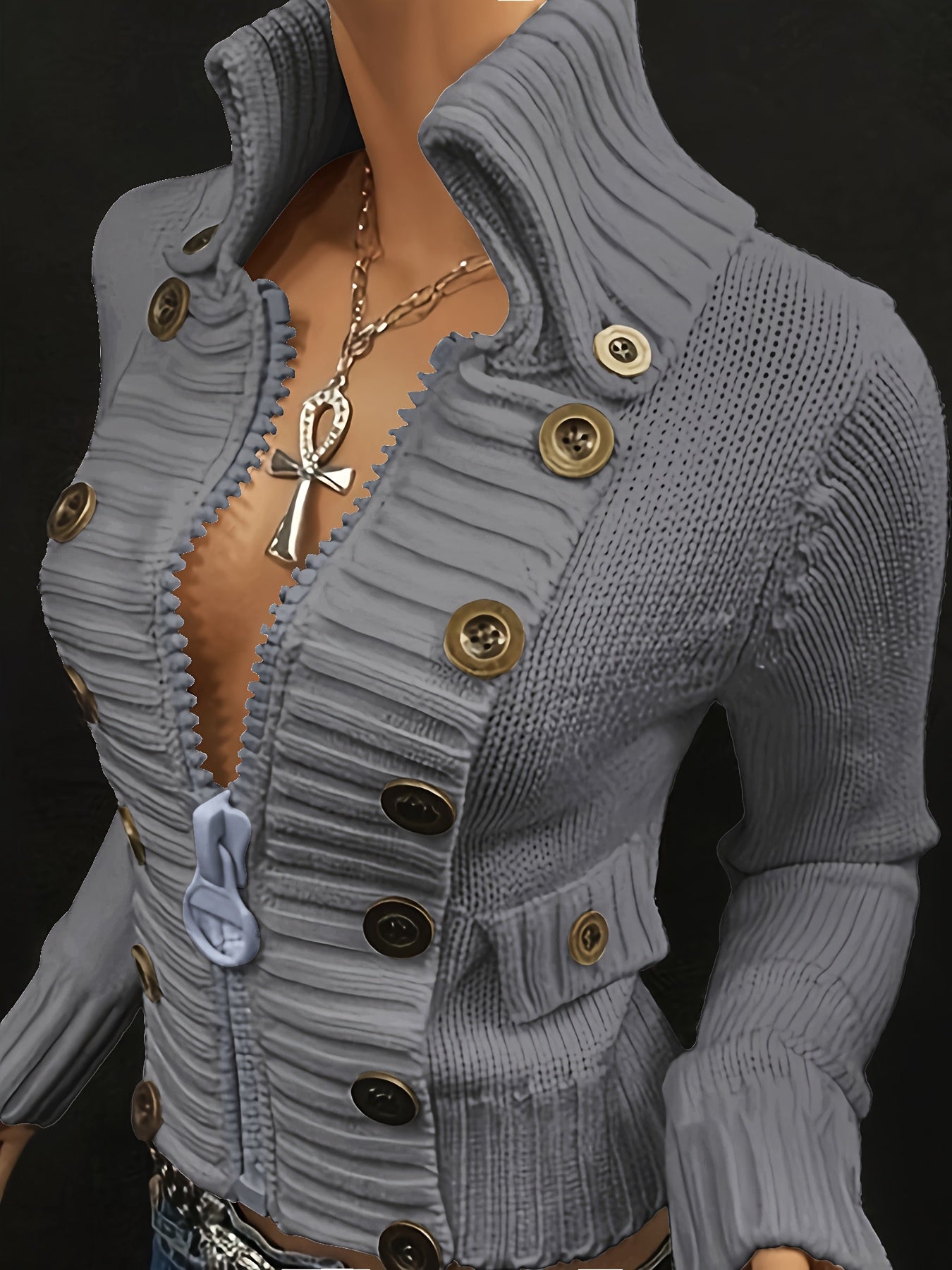 FZ Women's Multi-button decorated large zipper slim-fit Sweater jacket