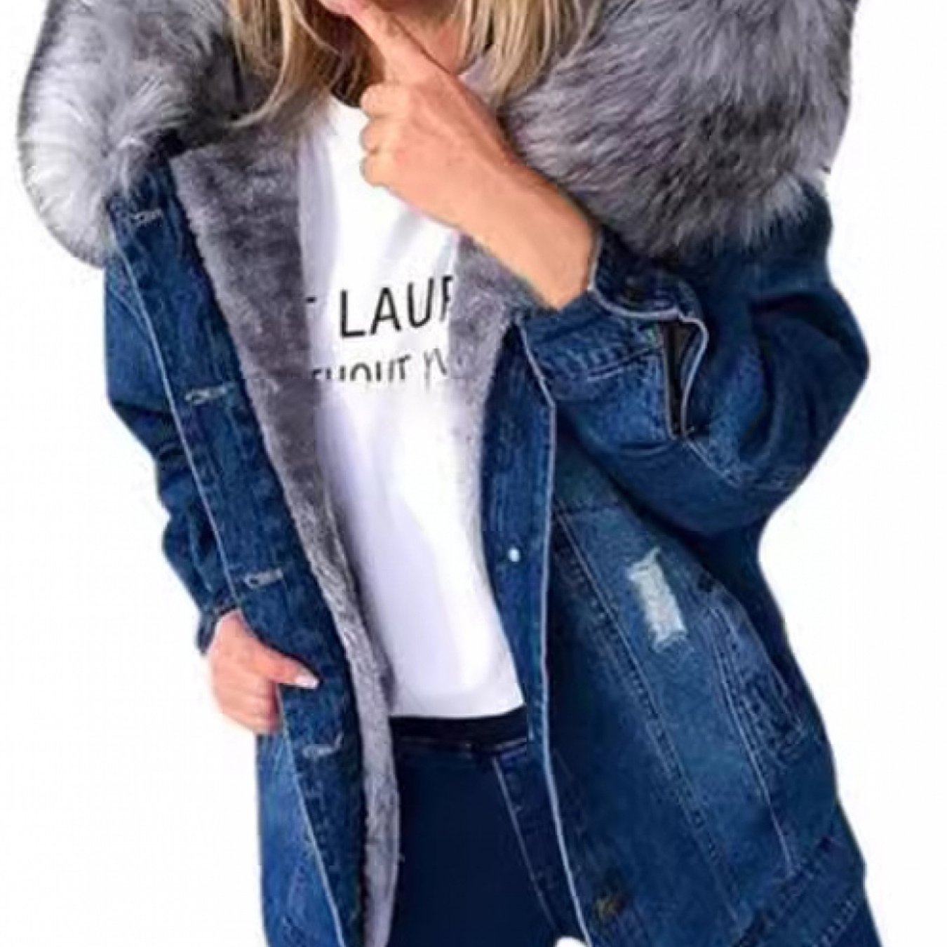 FZ Women's Slim-Fit Mid-Length Single-Breasted Faux-Fur Collar Denim Jacket