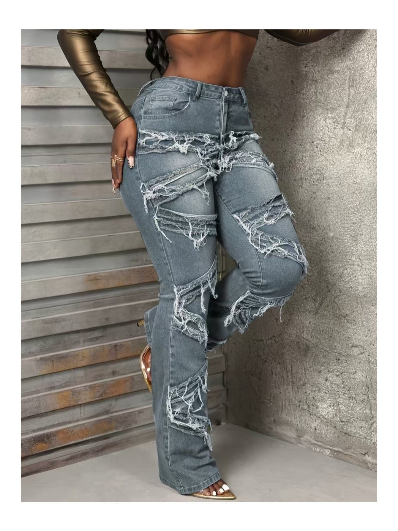 FZ Women's Laminated hole washed straight tube fringe Denim Pants