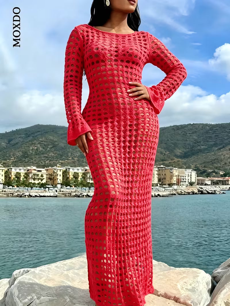 FZ Women's Plus Size Casual Loose Hollow Long Sleeve Swimwear Cover-Up