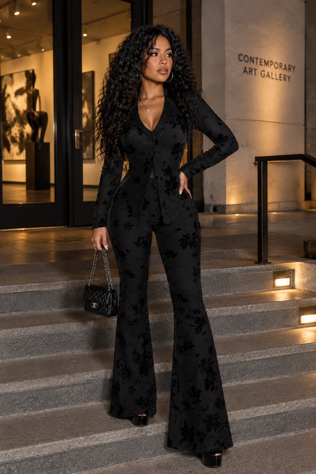 Afro-Latina woman in the black floral pants suit on gallery steps in the evening
