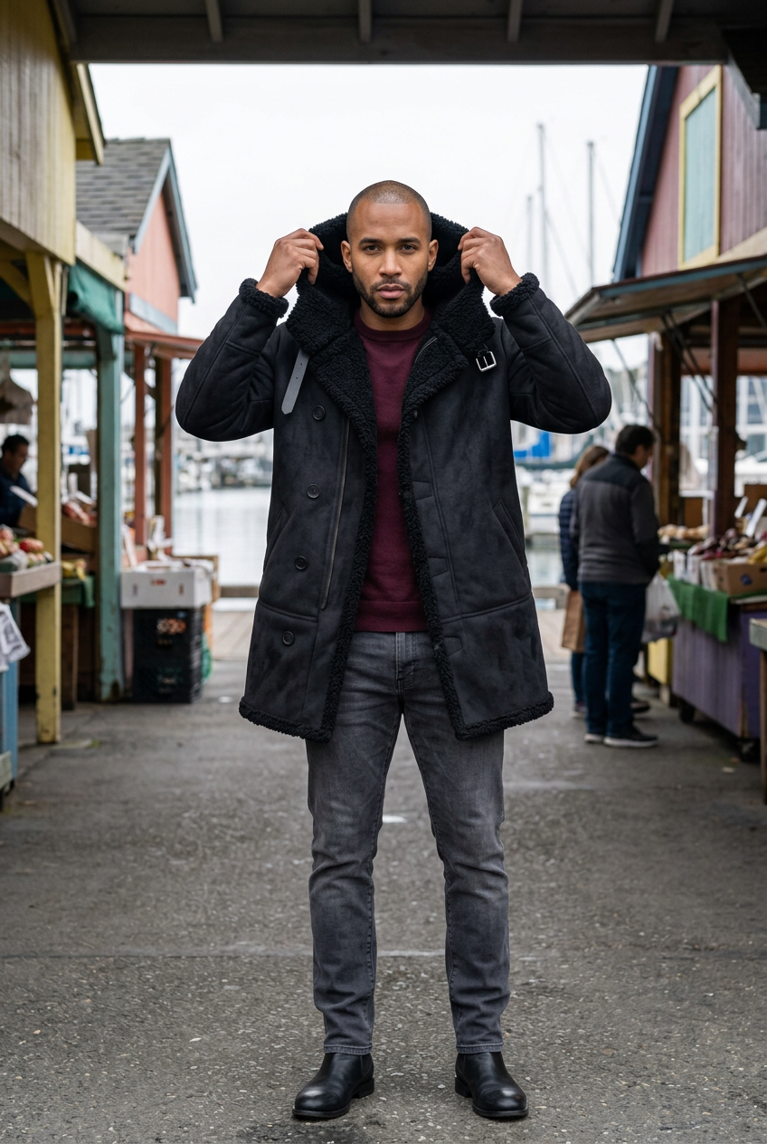 Afro-Latino male model adjusting the coat’s hood at a harbor market