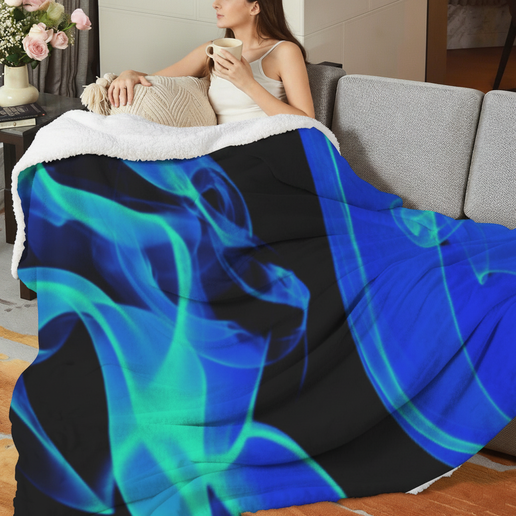 Asian female model blue flame blanket indoor