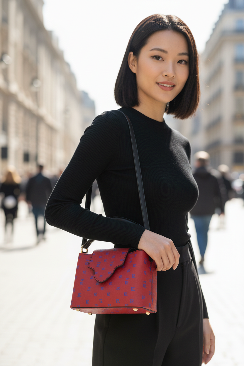 Asian female model red FZ monogram crossbody