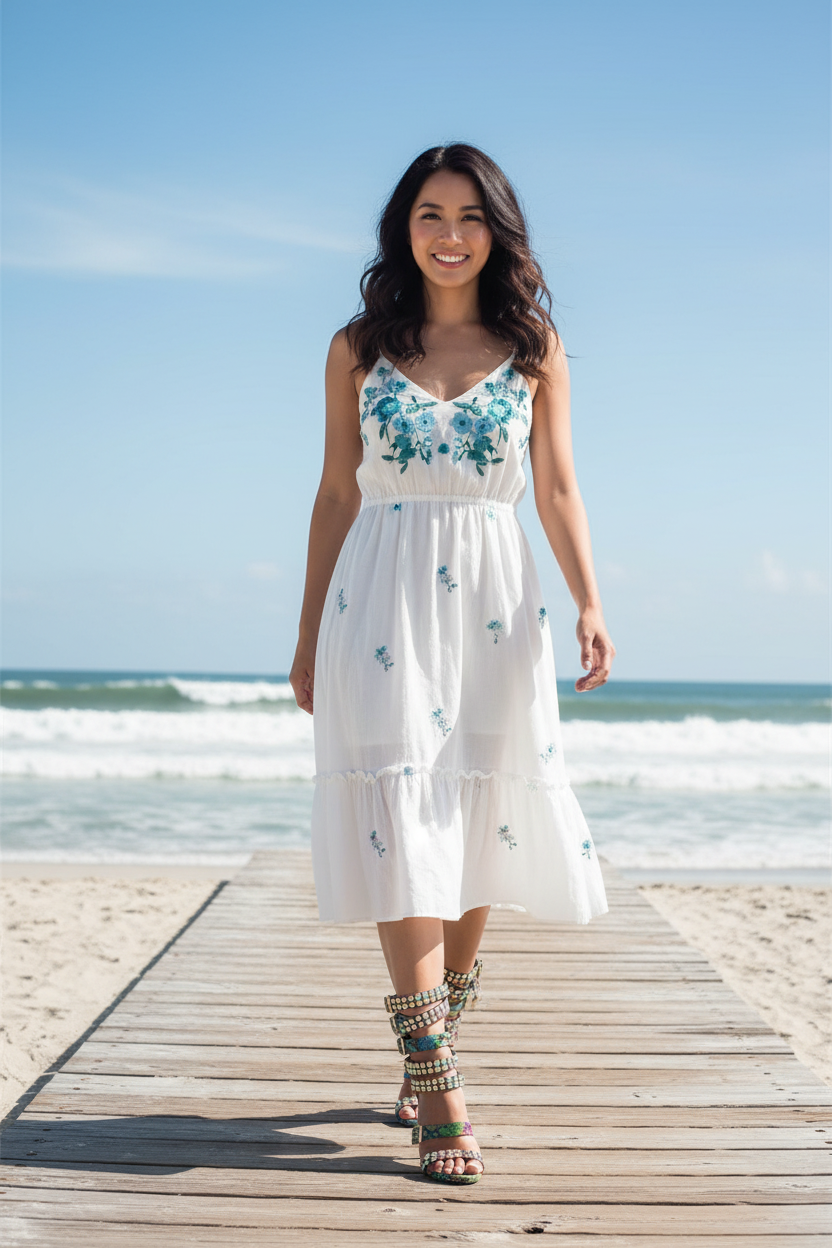 Asian woman wearing multicolor snake print studded stiletto sandals on beach boardwalk
