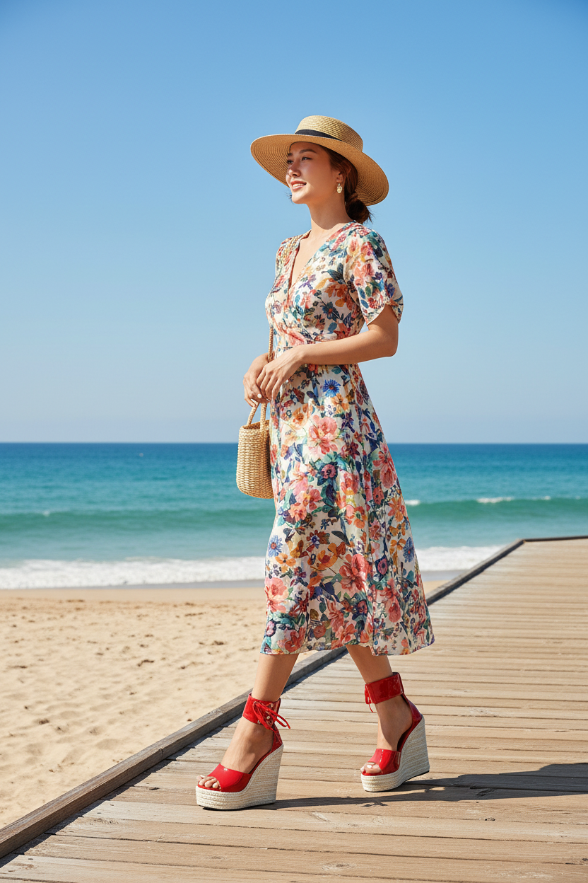Asian woman wearing red wedge sandals on beach boardwalk