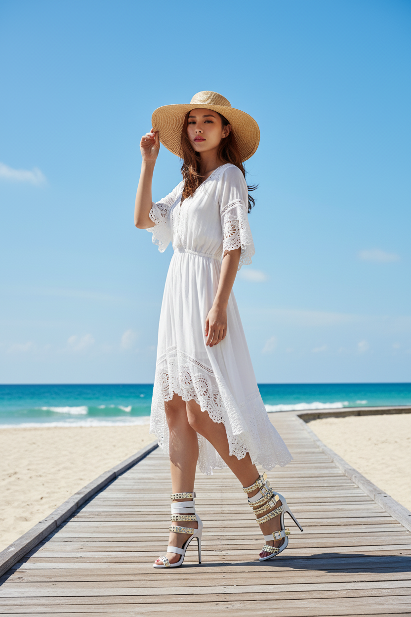 Asian woman wearing white gold studded stiletto sandals on beach boardwalk