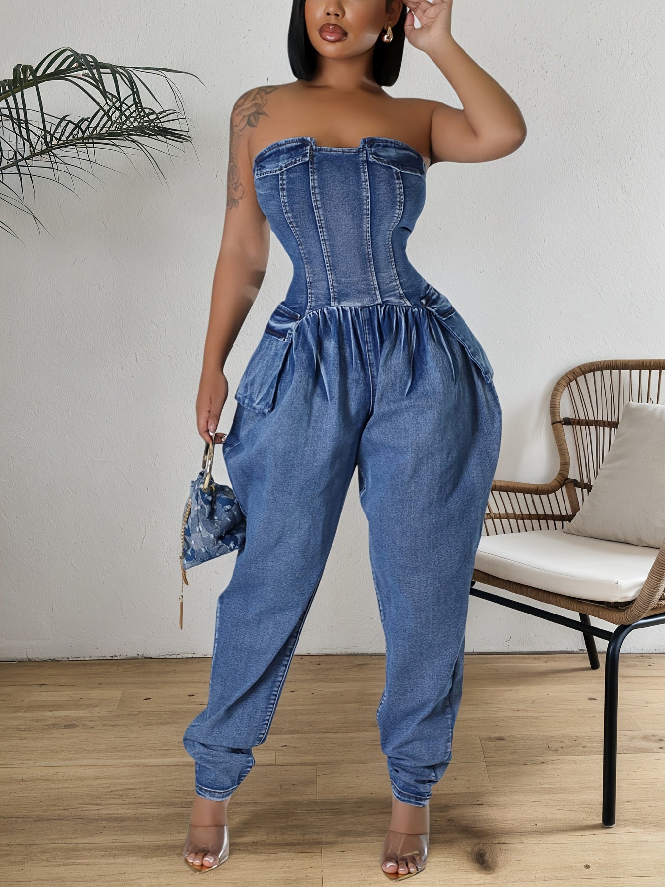 FZ Women's Cargo Fashion Sleeveless With Pockets Strapless Denim Jumpsuit