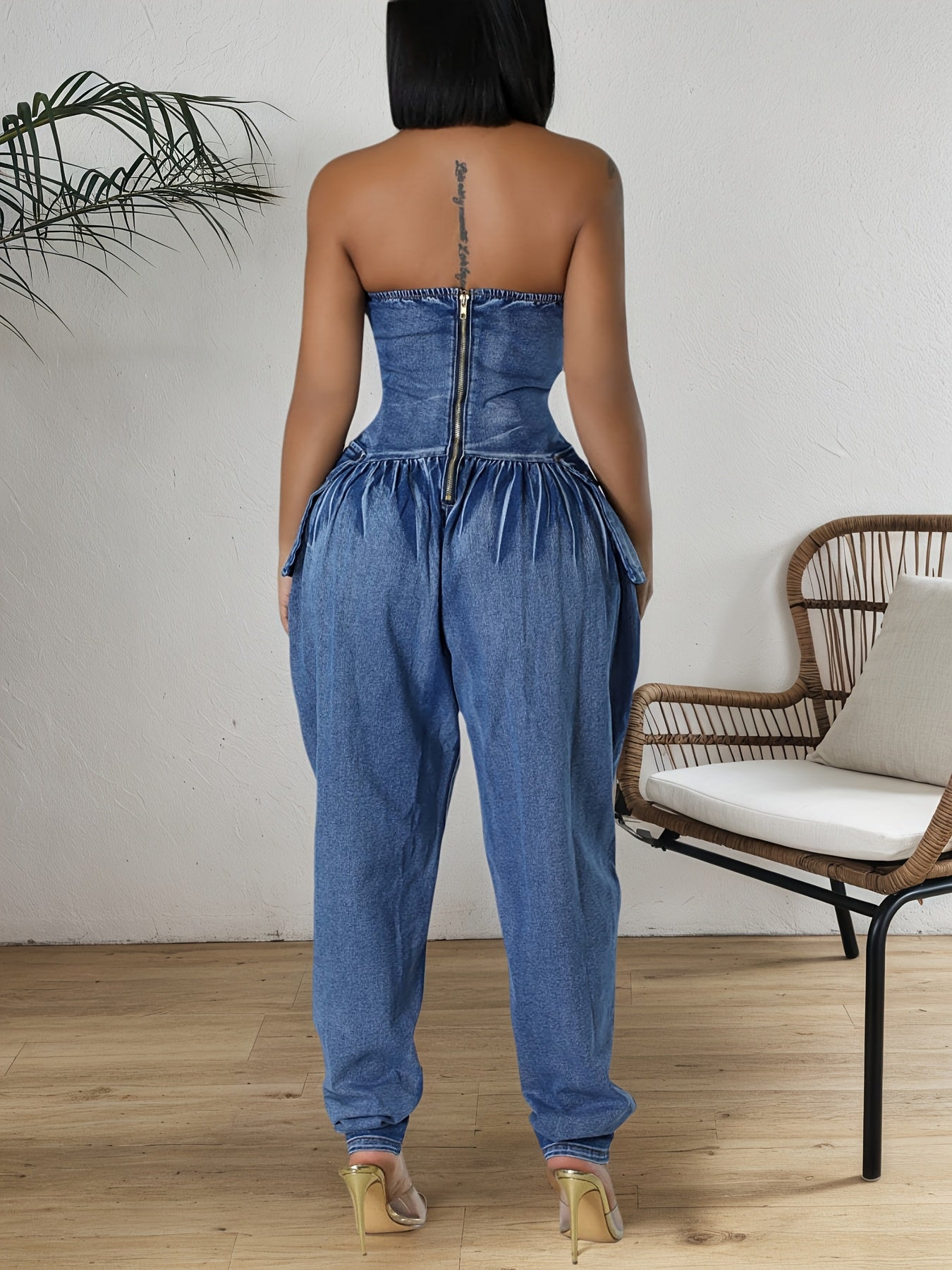 FZ Women's Cargo Fashion Sleeveless With Pockets Strapless Denim Jumpsuit